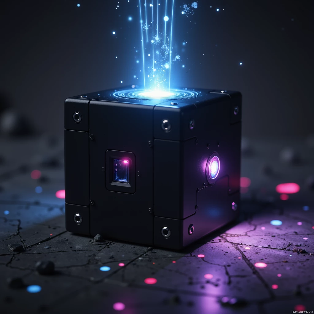 Semi-abstract image with many light, that is suitable for the post:  pocket-sized matte black cube with a single glowing pixel and a tiny holographic projector, cyberpunk retro design