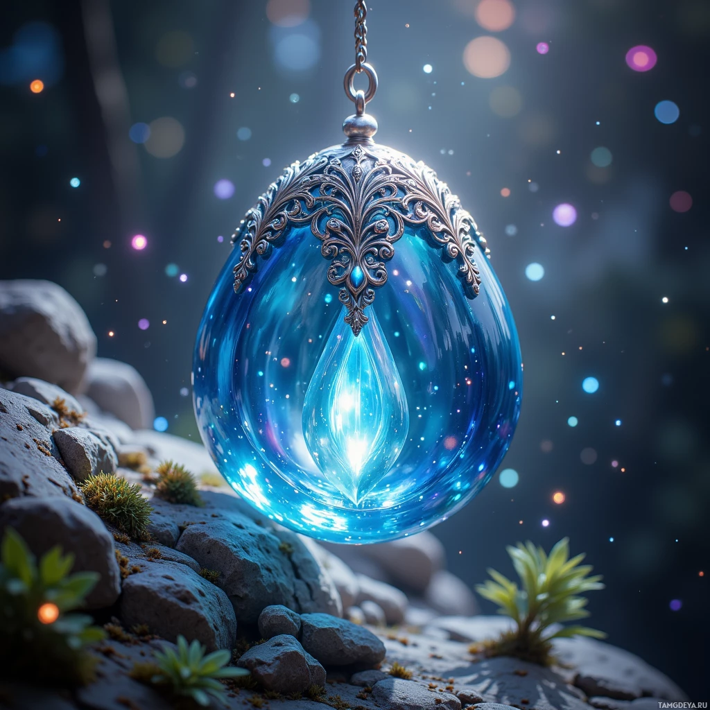 Semi-abstract image with many light, that is suitable for the post:  tiny crystal chime with a translucent deep blue core pulsing softly, surrounded by intricate silver filigree that refracts light into miniature rainbows, luminous and ethereal.