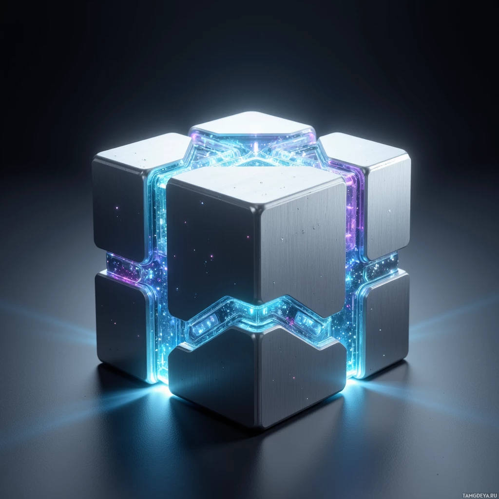 Semi-abstract image with many light, that is suitable for the post:  Brushed aluminum cube with a sleek matte finish, integrated micro-LED panels radiating directional holographic light, smooth rounded edges, subtle glow highlights, and a futuristic tech aesthetic.