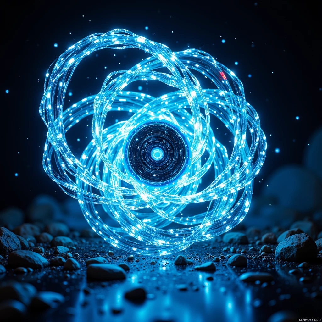 Semi-abstract image with many light, that is suitable for the post:  chrome spiral device shaped like a tangled galaxy of noodles, wrapped around a magnetic core, glowing neon blue pulses, glossy chrome surface, subtle motion blur of swirling noodles, visible magnetic coils and faint magnetic field lines.