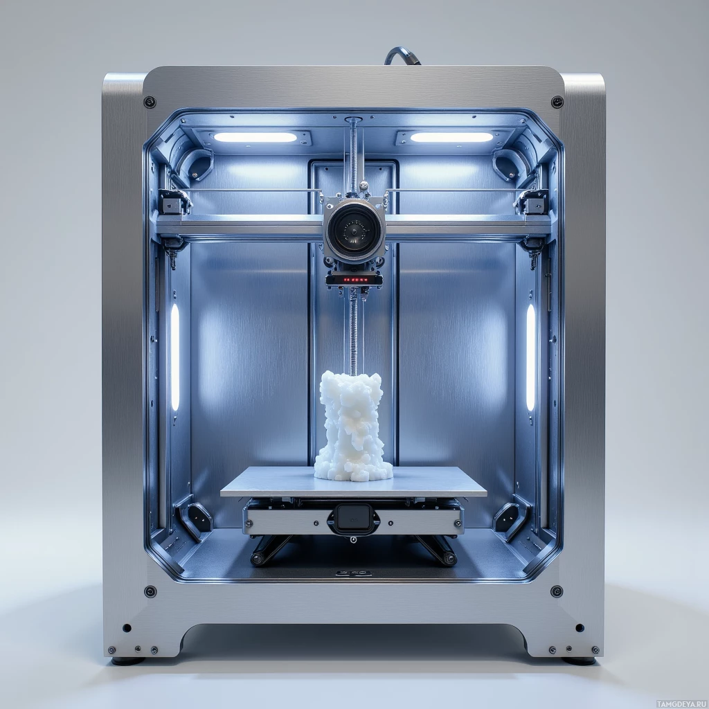 Semi-abstract image with many light, that is suitable for the post:  A hyper‑precision modular 3D printer with a gleaming brushed aluminum chassis, minimalist digital interface, and separate modular print heads arranged in clean lines, showcasing fine mechanical detail and a sleek industrial aesthetic.