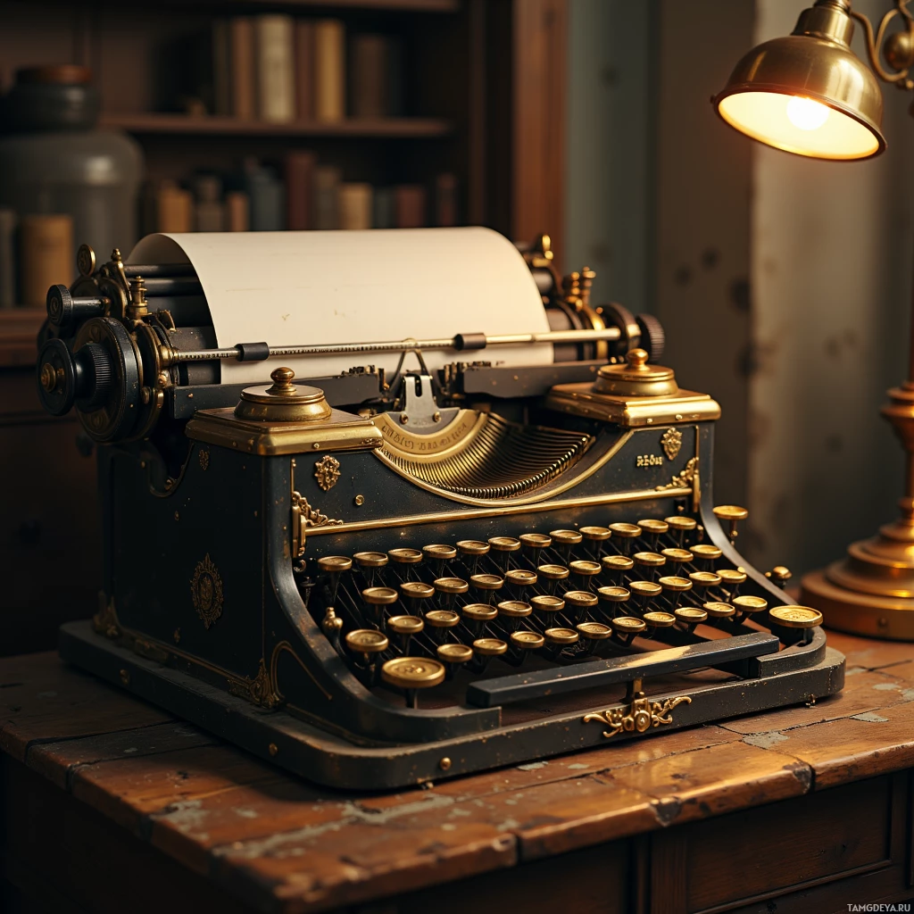 Semi-abstract image with many light, that is suitable for the post:  Dust-browned Royal typewriter, polished brass chassis, leather‑wrapped platen, black key plate with metallic type wheel, visible ink ribbon, small brass lamp emitting warm glow, tactile keys with click‑clack, vintage 1940s aesthetic.