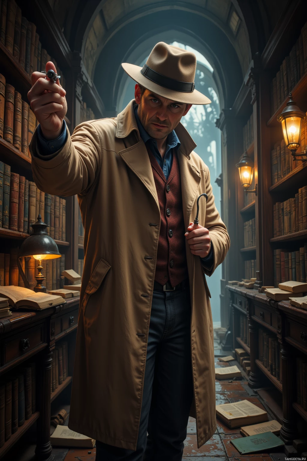 Realistic high quality photo. A weary detective, 36, light brown hair, piercing blue eyes, pale rugged skin, wearing a long beige trench coat and classic fedora, stands in a dimly lit archive of dusty books, pointing a magnifying glass toward a hidden clue while a translucent ghostly figure flickers behind the shelves, illuminated by low amber lamps, exuding sharp sarcasm and idealistic resolve.