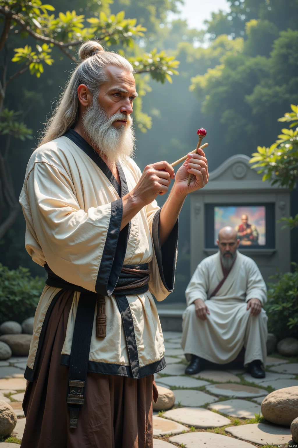 Realistic high quality photo. 55‑year‑old male with long white hair tied in a knot, thick light gray beard, piercing blue eyes, wearing a cream gi with black trim and a wide brown belt, standing in a tranquil garden with stones arranged in a hexagon, holding a novelty chopstick that looks like a tiny relic, as a stoic monk watches a kung‑fu soap opera on a small screen, soft afternoon light.
