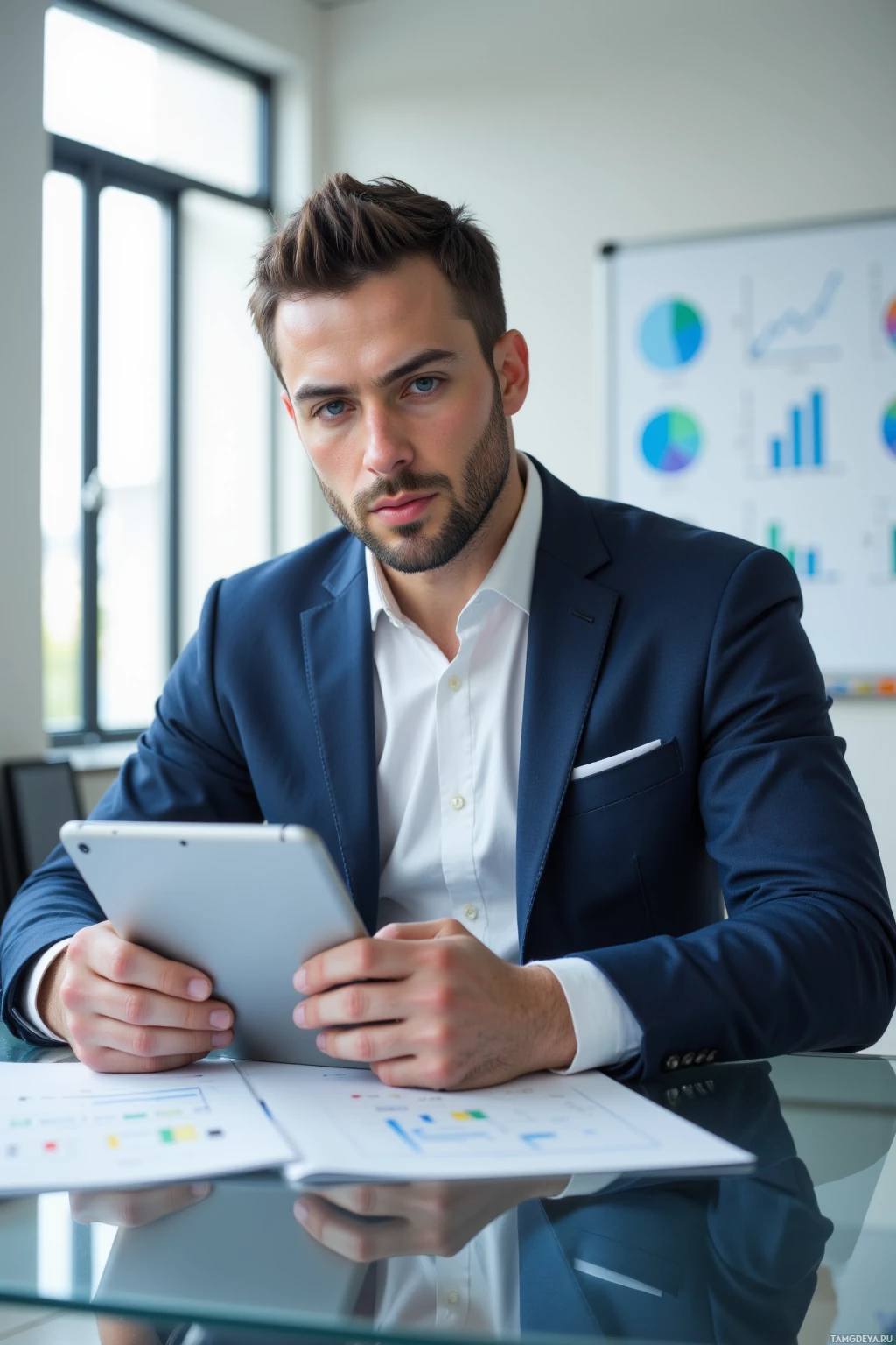 Realistic high quality photo. A 29‑year‑old male entrepreneur with short black hair, striking blue eyes, fair skin, wearing a tailored navy blue suit and crisp white dress shirt, sits at a modern glass desk in a bright, minimalist office at midday, intensely mapping data points on a digital tablet surrounded by charts and a whiteboard, his focused expression reflecting visionary ambition.