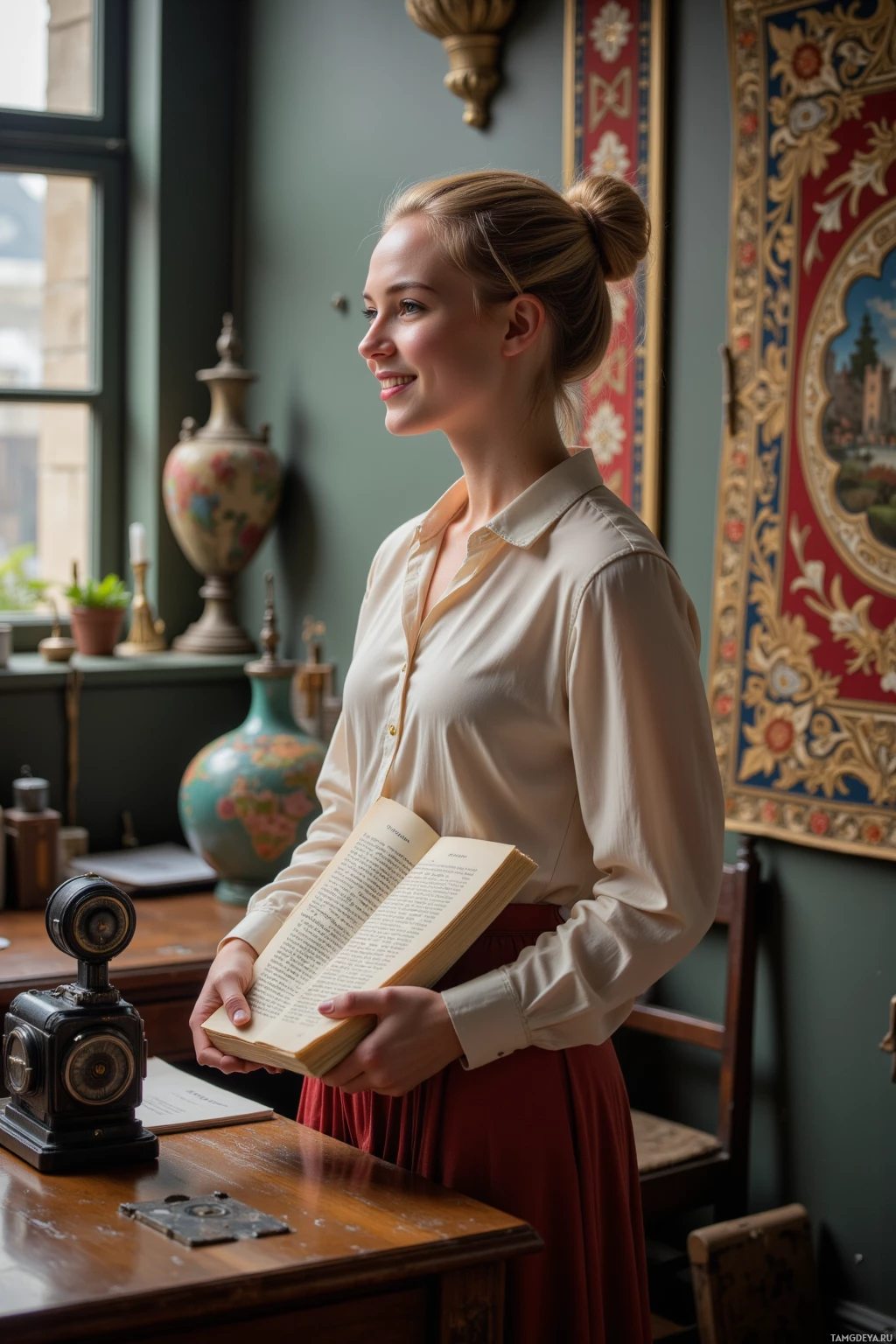 Realistic high quality photo. Female 31 with straight blonde hair in a bun, almond-shaped green eyes, light skin, sharp cheekbones, wearing a silk blouse and long flowing skirt, standing in a quiet modern studio with an old projector crackling, surrounded by ancient tapestries, holding a stack of translated scripts in four languages, laughing as sunlight filters through a window.