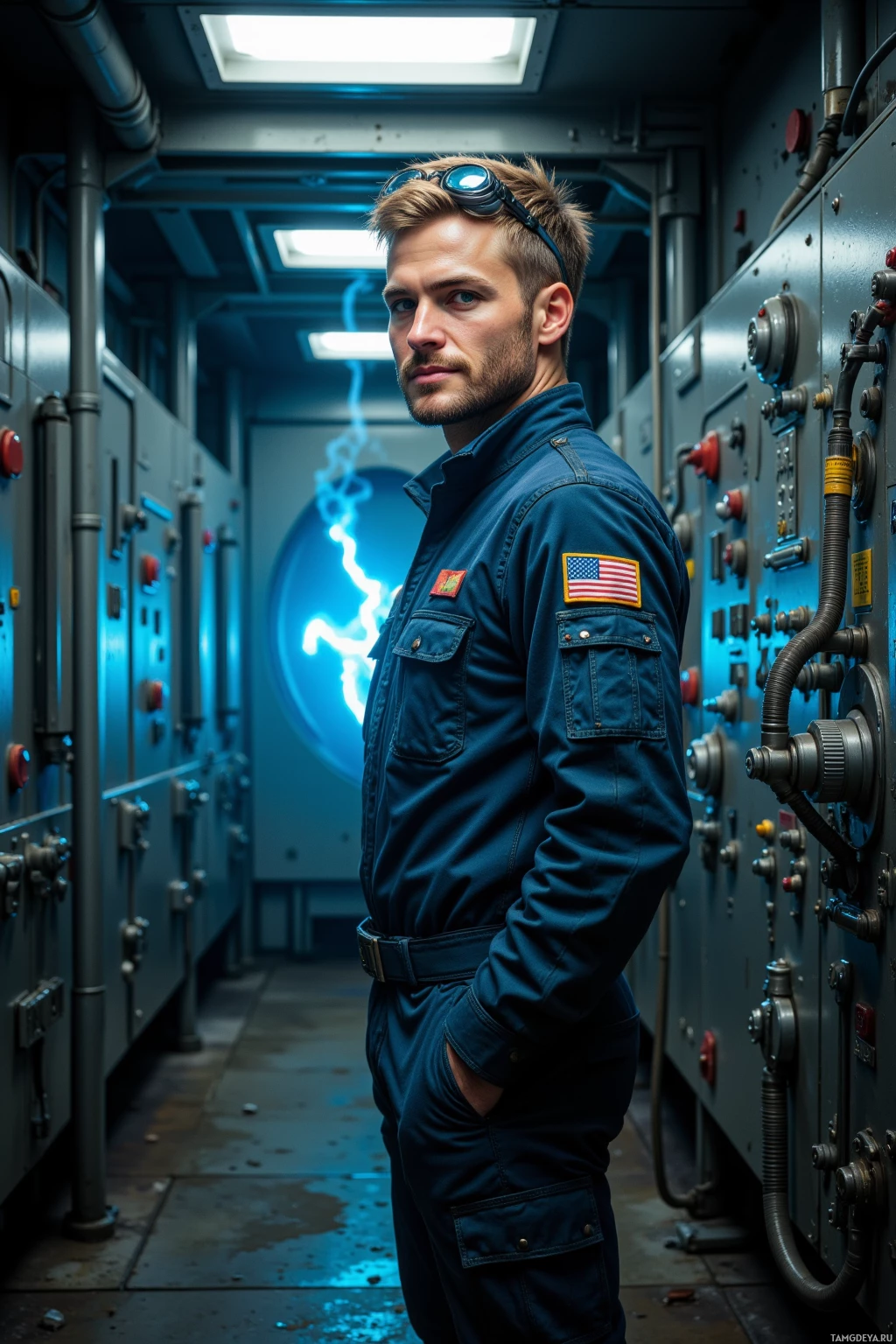Realistic high quality photo. Male, 27, short blonde hair, blue eyes, pale skin, angular jaw, wearing a worn utilitarian jumpsuit with pockets and industrial welding goggles, standing in a dim reactor core with pulsing blue glow, grinning at a sudden voltage flash among cables and control panels, calm and pragmatic.