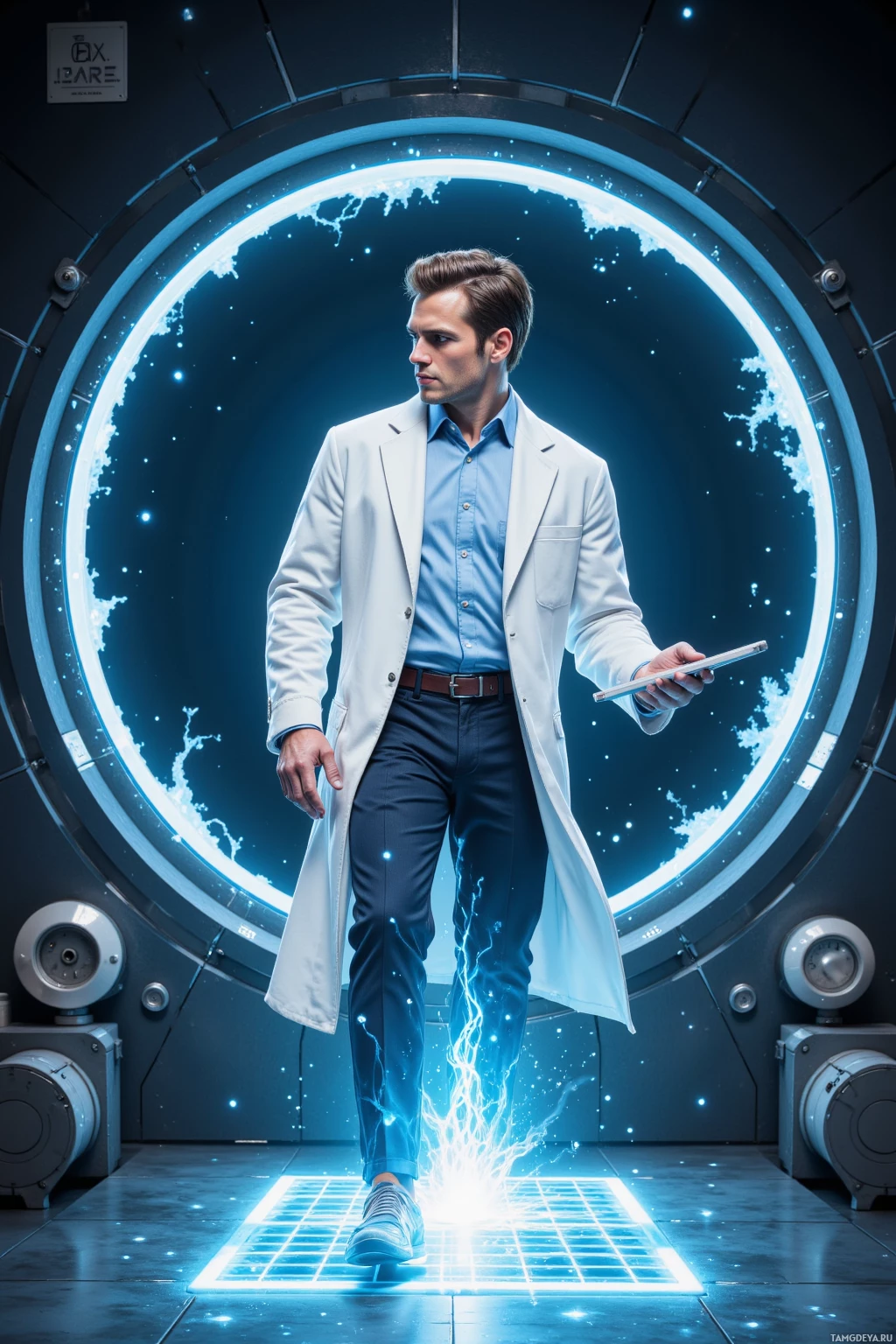 Realistic high quality photo. Male, 31, slick light brown hair, blue eyes, wearing a crisp white lab coat over a pale blue dress shirt and tailored dark trousers, stepping onto a crystalline light grid inside a dimly lit quantum lab, watching photons swirl around a humming reactor while precision gloves grip a data tablet, methodical expression.