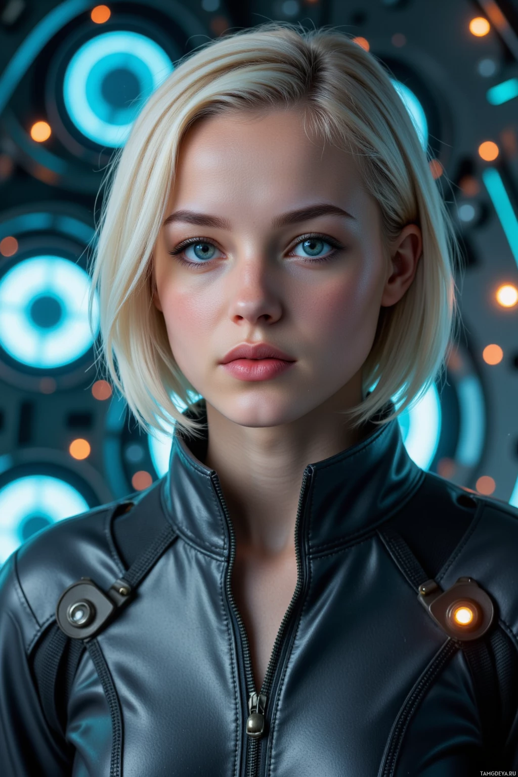 Realistic high quality photo. Female, 27, platinum blonde bob, bright blue eyes, fair skin, slender face with high cheekbones, wearing a metallic‑accented futuristic jumpsuit and cape‑like panel, standing in the dim control deck of a drifting space station, surrounded by holographic code streams and glitch portals, mapping chaotic latency into orbital choreography with a focused yet slightly hesitant gaze.