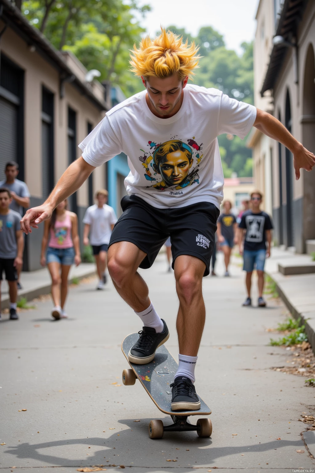 Realistic high quality photo. A 24‑year‑old man with bright yellow messy quiff hair, clear blue eyes, pale skin, wearing a white graphic t‑shirt, black athletic shorts, skate shoes, holding a worn skateboard, performing a kickflip with a pop shove on a gritty concrete alley with kids cheering in the background, daytime.