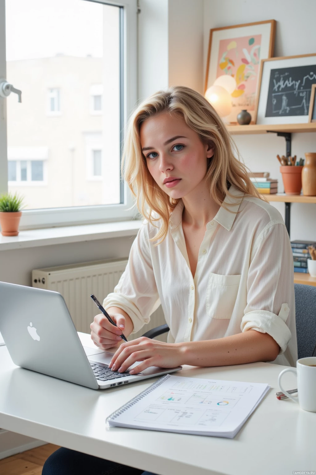 Realistic high quality photo. Female 26-year-old with curly blonde hair, blue eyes, wearing a loose white blouse, dark fitted jeans, and simple white sneakers, seated at a modern desk in a bright morning office, sketching microcopy for a new dashboard on a laptop and a sketchpad, surrounded by notes, a coffee mug, and soft natural lighting, her focus steady and analytical.