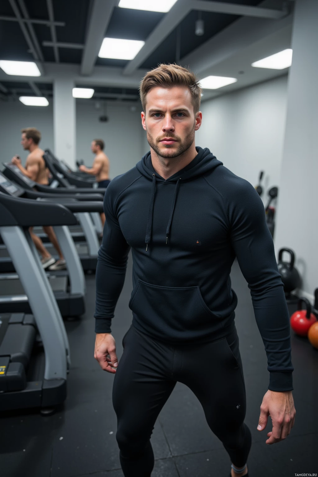 Realistic high quality photo. 29‑year‑old muscular man with short light brown hair, blue eyes, chiseled jawline, wearing a dark hoodie and fitted sweatpants, doing a HIIT circuit in a fluorescent‑lit indoor gym, adding a third set of burpees while a slower trainee beside him struggles on the first lap, sweat beads on his skin, focused expression, surrounded by treadmills, kettlebells and a white wall.