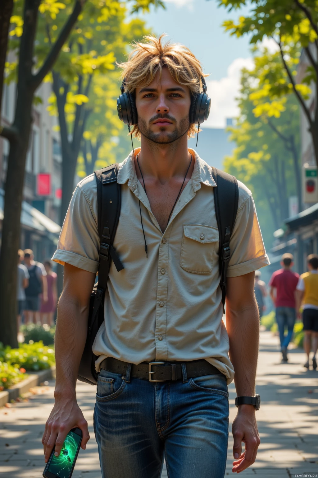 Realistic high quality photo. 24-year-old man with messy blonde hair and green eyes, wearing loose streetwear and large black headphones, briskly walking through a sunlit city park with a laptop bag slung over his shoulder, earbuds in, phone in hand showing a gaming marathon notification, a subtle synthwave glow illuminating the scene and hinting at his love for music and digital adventures.