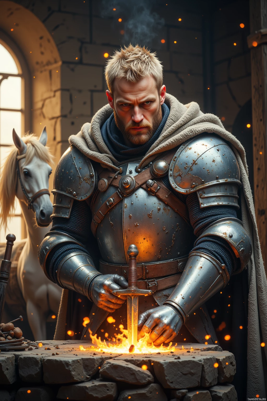 Realistic high quality photo. Stocky 34‑year‑old knight with short blonde beard, piercing blue eyes, pale skin, clad in weathered sturdy armor and a heavy warrior’s cloak, sharpening a blade in a dawn‑lit forge while a trembling horse in the nearby stables watches, wind ruffling his cloak.