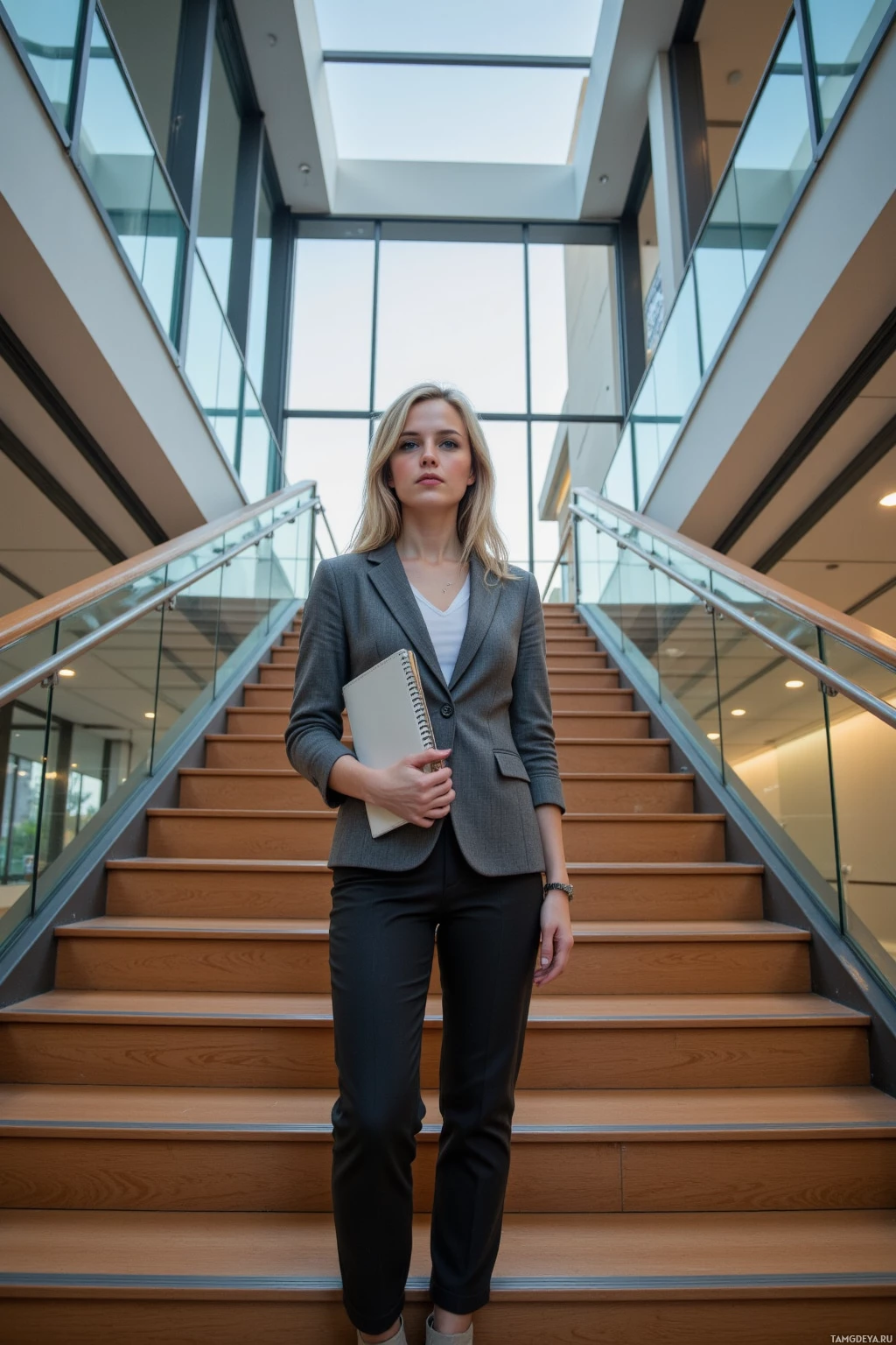 Realistic high quality photo. A 32‑year‑old blonde woman with blue eyes, wearing a gray fitted blazer, tapered black trousers, and beige ankle boots, standing at the bottom of a long wooden staircase in a modern office building, dusk light streaming through large glass windows, holding a minimalist notebook in one hand and gazing upward at the steps.