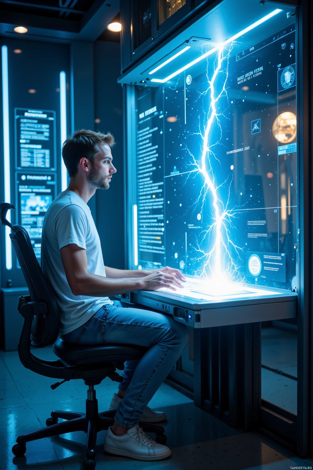 Realistic high quality photo. A 34‑year‑old man with short light brown hair, blue eyes, wearing a white t‑shirt, light jeans, and sneakers, sits at a futuristic console in a dimly lit cyber‑lab, typing shader code into a glowing holographic terminal while a simulated lightning bolt flickers across a transparent screen, surrounded by floating data panels and ambient blue light.