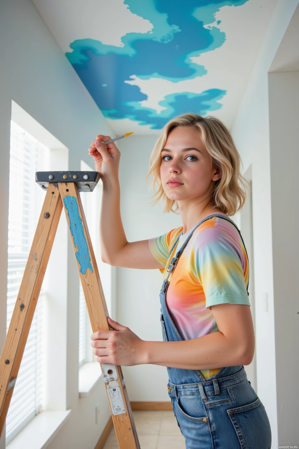 Realistic high quality photo. 28‑year‑old woman with curly blonde hair, blue eyes, wearing a pastel t‑shirt and paint‑stained overalls, leaning on a wooden ladder in a hallway, painting the ceiling with ultramarine storm‑cloud streaks and sunrise splatters, light filtering through blinds, modern home interior, afternoon.