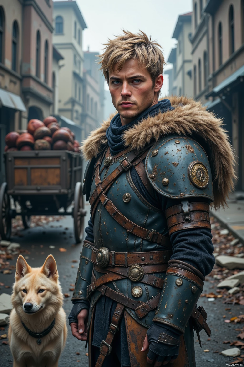Realistic high quality photo. 29‑year‑old male, tall, short messy blonde hair, stormy gray eyes, rugged leather armor with a wolf emblem on the chest, standing beside a weathered wagon with a packed pack in the back amid shattered post‑apocalyptic streets, wind howling, focused on the horizon, lone warrior stance, a lone wolf at his side.
