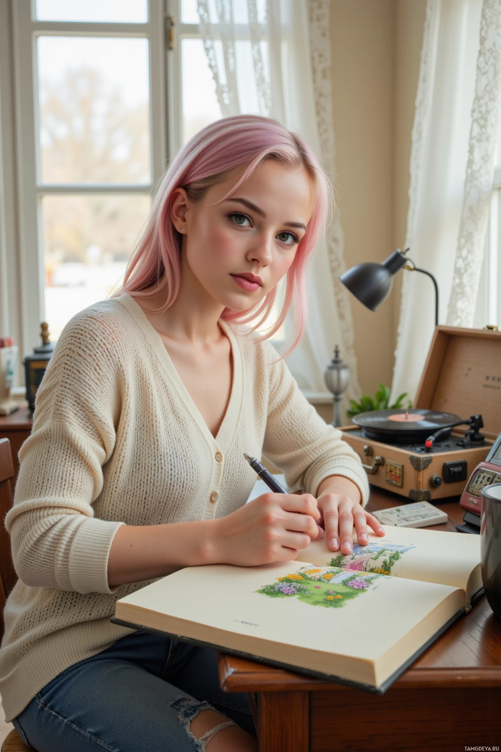 Realistic high quality photo. A 25‑year‑old woman with pastel pink hair, bright brown eyes, porcelain skin, wearing a soft knit sweater and simple jeans, sits at a wooden desk in a sunlit room with lace curtains, sketching a tiny secret garden in her sketchbook while an old record player hums softly nearby.