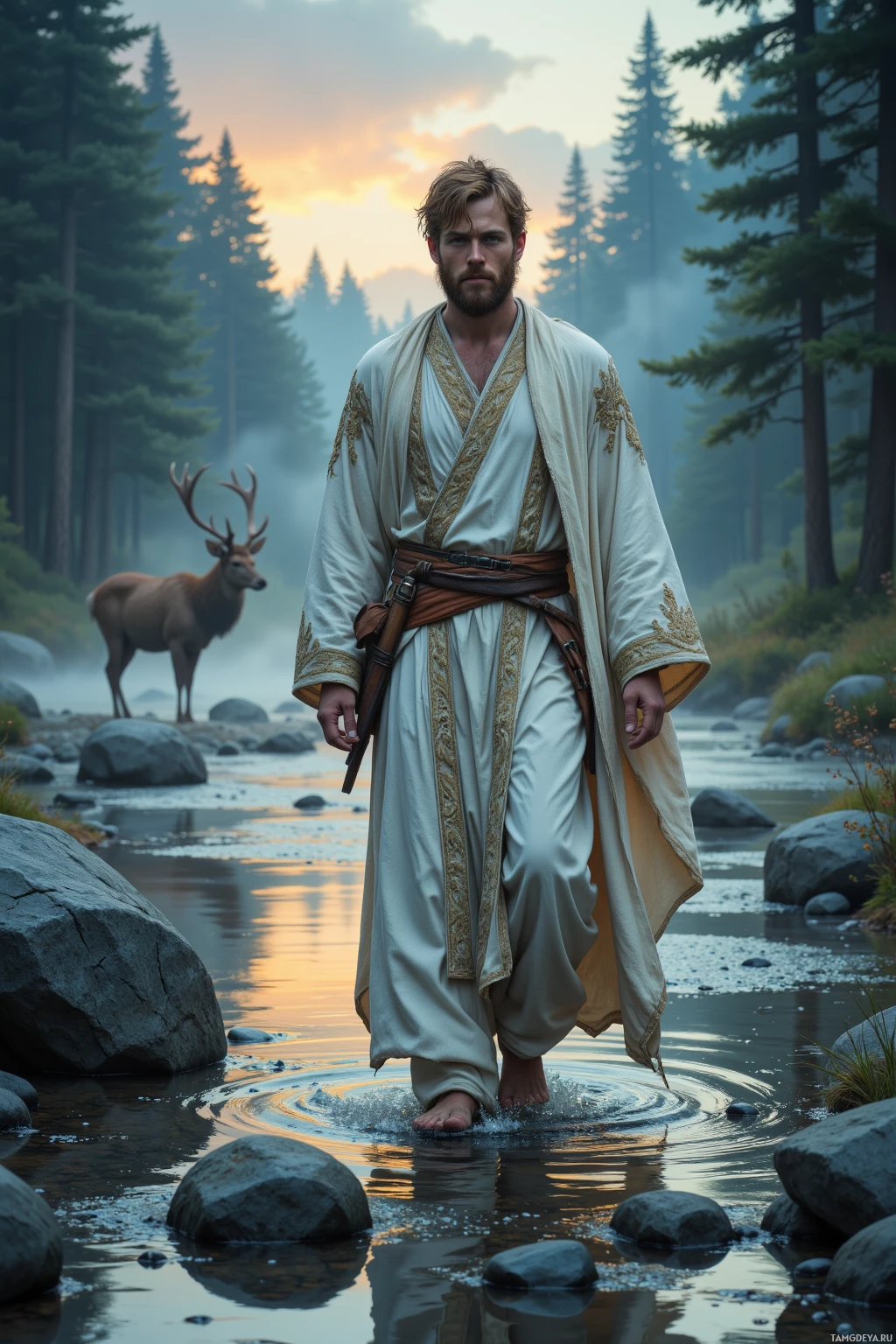 Realistic high quality photo. A 29‑year‑old man with light brown hair, a beard, green eyes, wearing flowing white robes with subtle mystical patterns, walks along a riverbed lined with ancient stones, surrounded by a misty forest where a lone stag watches beneath a twilight sky.
