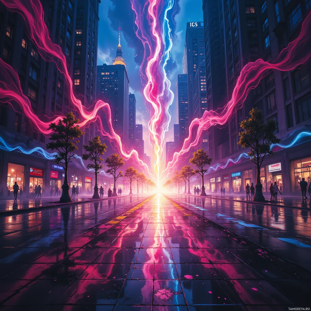 Semi-abstract image with many empty light space at center of beautiful background, that is suitable for the post:  My pulse is a neon‑lit streetlight in rush hour, illuminating shortcuts while I laugh at the traffic of doubt.