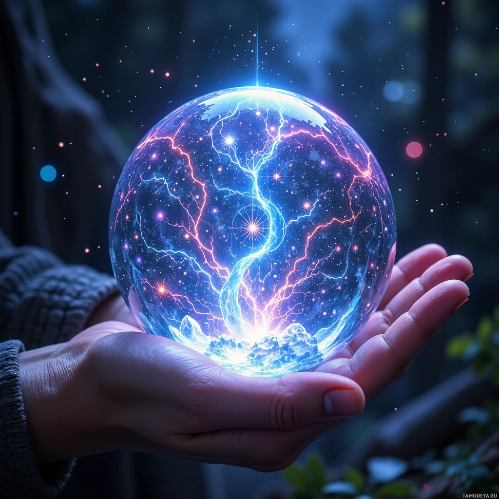 Semi-abstract image with many light, that is suitable for the post:  A translucent, palm‑sized crystal sphere with refractive glass, its surface etched with ancient glyphs that pulse softly, projecting shifting constellations of light across its surface.
