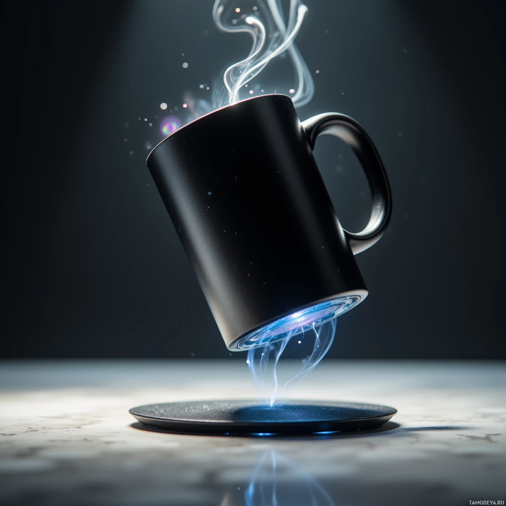 Semi-abstract image with many light, that is suitable for the post:  Matte black glass levitating coffee mug hovering 2 inches above a surface, with a subtle shifting holographic swirl pattern, a small touchpad rim, and sleek minimalist design.