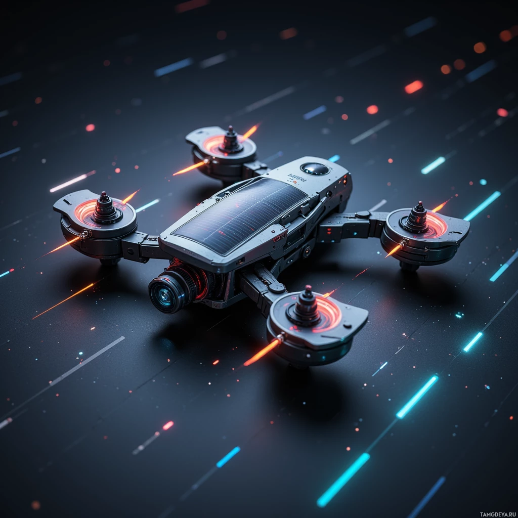 Semi-abstract image with many light, that is suitable for the post:  Ultra-lightweight (<200g) solar‑powered drone with a matte black titanium frame, integrated flexible solar cells, retractable adaptive camera lens capable of 8K recording, sleek stealthy design, and polished matte finish.