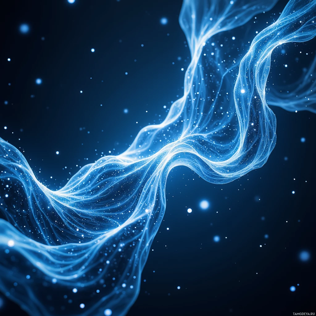 Semi-abstract image with many light, that is suitable for the post:  A translucent, obsidian‑blue thread woven from moonlit mist, shimmering with rippling constellations, edged in fine silver filaments that pulse softly as if humming.