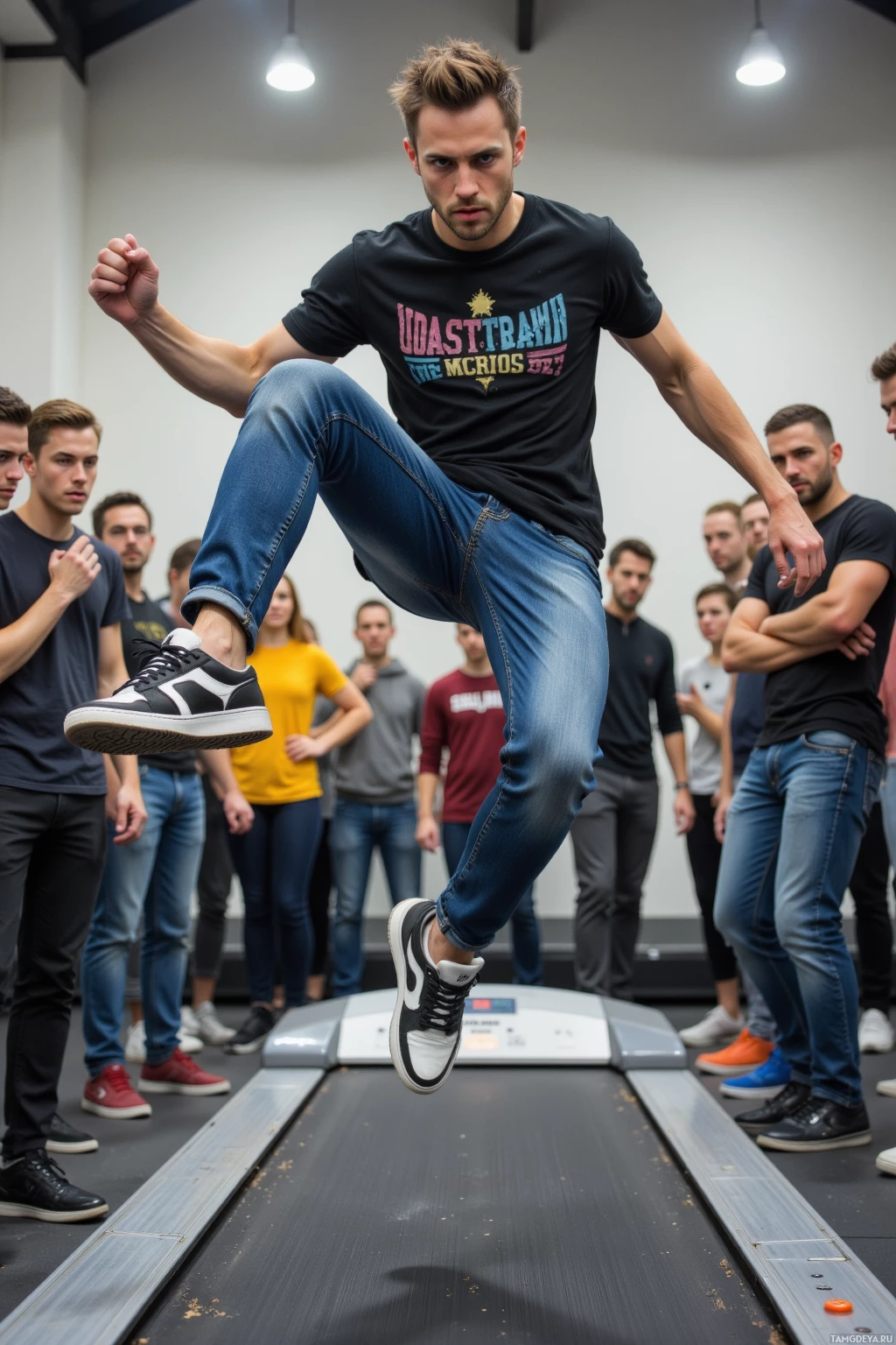 Realistic high quality photo. 25‑year‑old man with short spiky brown hair, pale skin, vibrant blue eyes, wearing a black graphic tee, denim jeans, white‑black sneakers, mid‑air double kick‑flip on a treadmill runway in a bright gym with a treadmill control panel, crowd of strangers cheering around, dynamic hip‑hop energy.