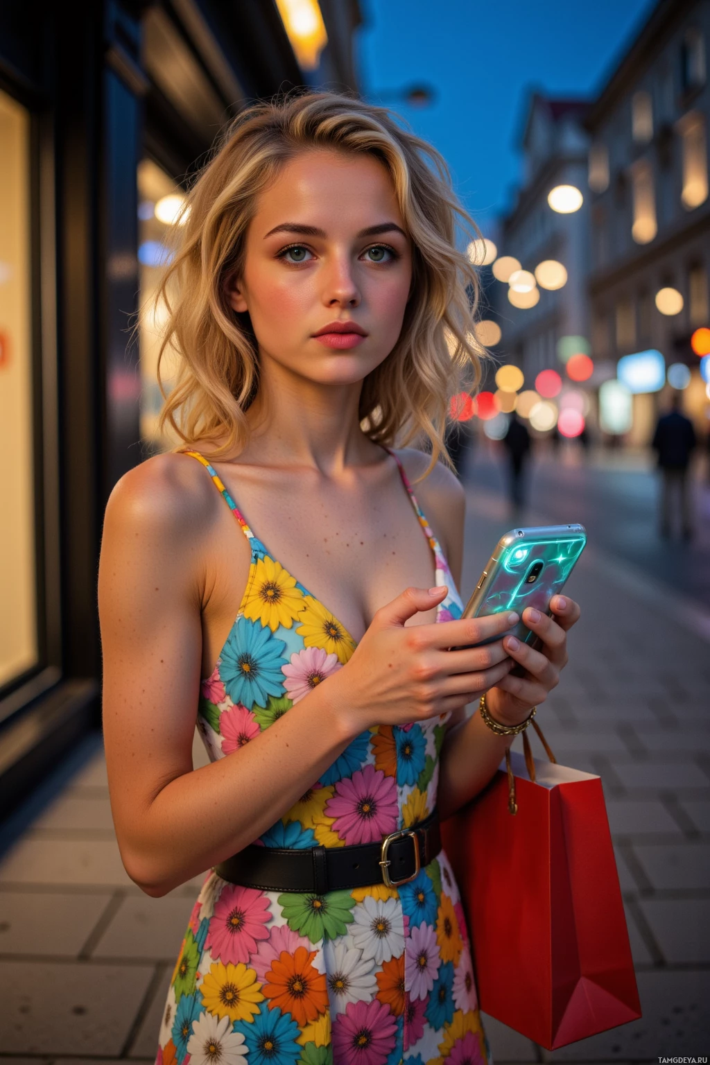Realistic high quality photo. Woman with curly blonde hair, bright blue eyes, fair skin, wearing a trendy dress adorned with colorful sale tags, carrying shopping bags, standing on a quiet city street at night, holding a glowing phone screen showing a flash sale and a coupon for a $30 jacket, her expression wide‑eyed.