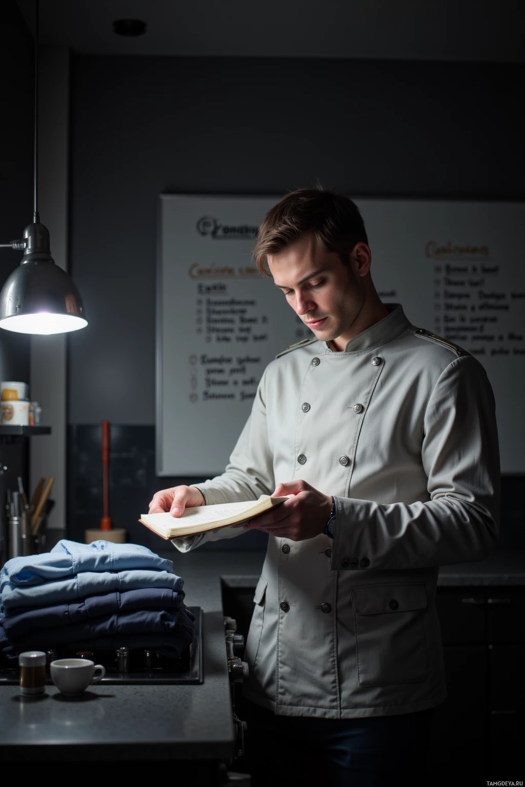 Realistic high quality photo. A 34-year-old man with short light brown hair, green eyes, wearing a crisp white shirt under a pale gray uniform jacket with sharp shoulder lines and silver detailing, stands in a dimly lit modern kitchen during a blackout, holding a notebook to log a stovetop burn while carefully folding shirts with military precision, a single LED lamp illuminating the scene and a whiteboard with contingency plans in the background.