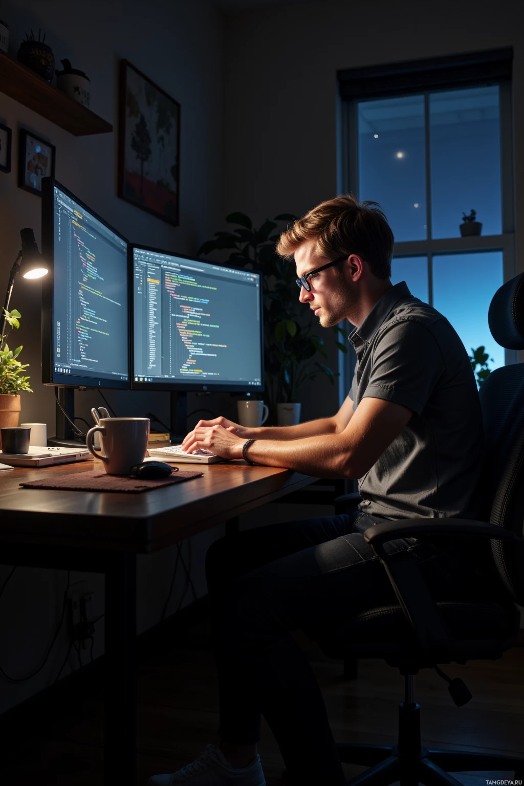 Realistic high quality photo. Male, 27, blonde hair, brown eyes, fair skin, strong jawline, prominent cheekbones, wearing a minimalist grey shirt, black jeans, white sneakers and round glasses, intensely focused in a dimly lit home office late at night, surrounded by dual monitors displaying Linux kernel code, a coffee mug beside him, typing rapidly as he hunts a race condition in a microkernel patch.