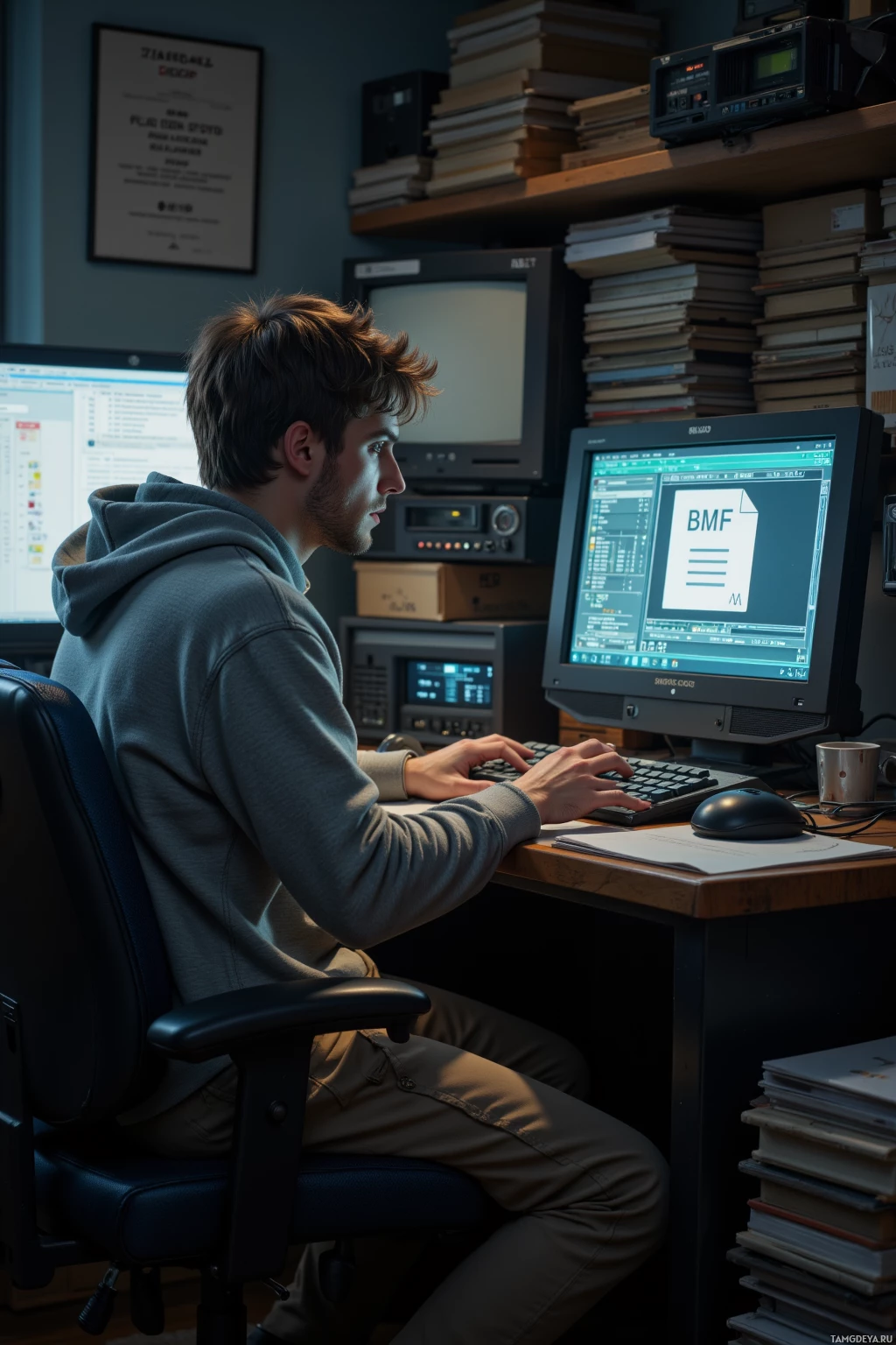 Realistic high quality photo. Male, 27, light brown hair, blue eyes, wearing a faded gray hoodie and loose khaki cargo pants, sits at a cluttered desk in a dimly lit home office, scrolling through a 1998 DOS game BMF file on a vintage monitor with rounded corners, a cracked .bak file displayed on a secondary monitor, cataloguing splash screens in a text editor, surrounded by stacks of floppy disks and archived folders.
