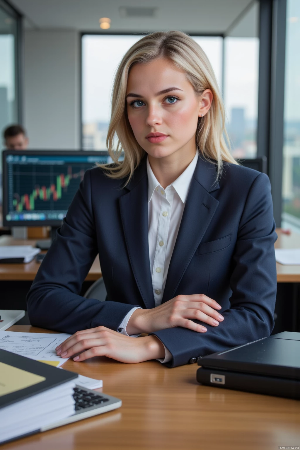 Realistic high quality photo. Tall woman, 35, with a sleek blonde bob, piercing blue eyes, fair skin, wearing a tailored navy suit, sits at a polished wooden desk in a modern corporate office, surrounded by a cluttered stack of stale files and a monitor displaying a complex quantum matrix spreadsheet, early morning light filtering through the window, her posture focused and efficient.
