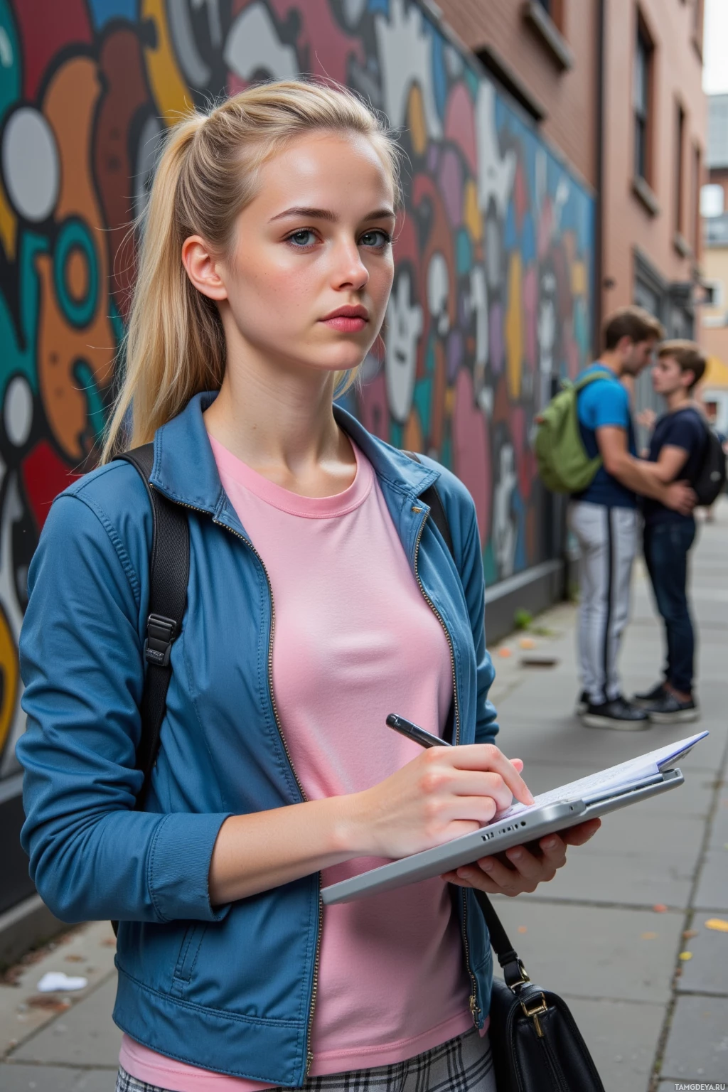 Realistic high quality photo. 31‑year‑old woman with blonde hair in a loose ponytail, blue eyes, wearing a blue jacket over a pink t‑shirt and plaid pants, standing on a cracked curb beside a taxi bumper, observing a pizza delivery man and a teenage boy arguing, taking notes on a laptop, with a faded street art mural behind them, daytime urban alley.