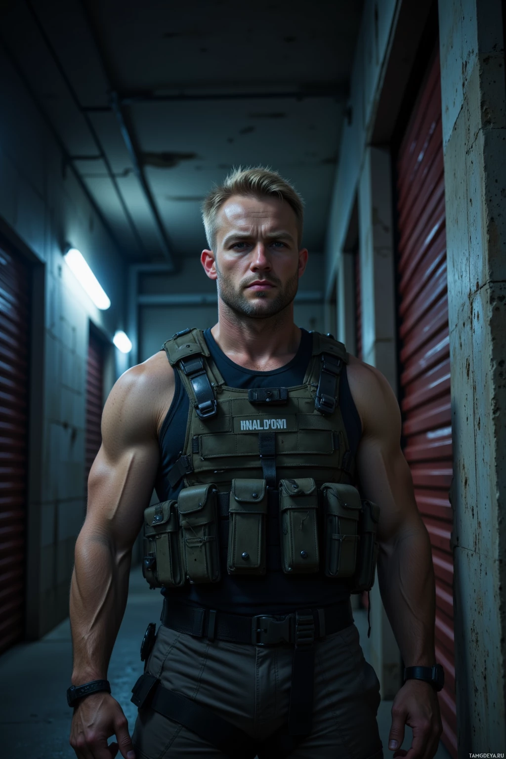 Realistic high quality photo. A muscular 32‑year‑old man with short blonde hair, blue eyes, pale skin, wearing tactical gear, standing at night beside a concrete storage unit, listening to faint creaks, alert and composed in the dim light.