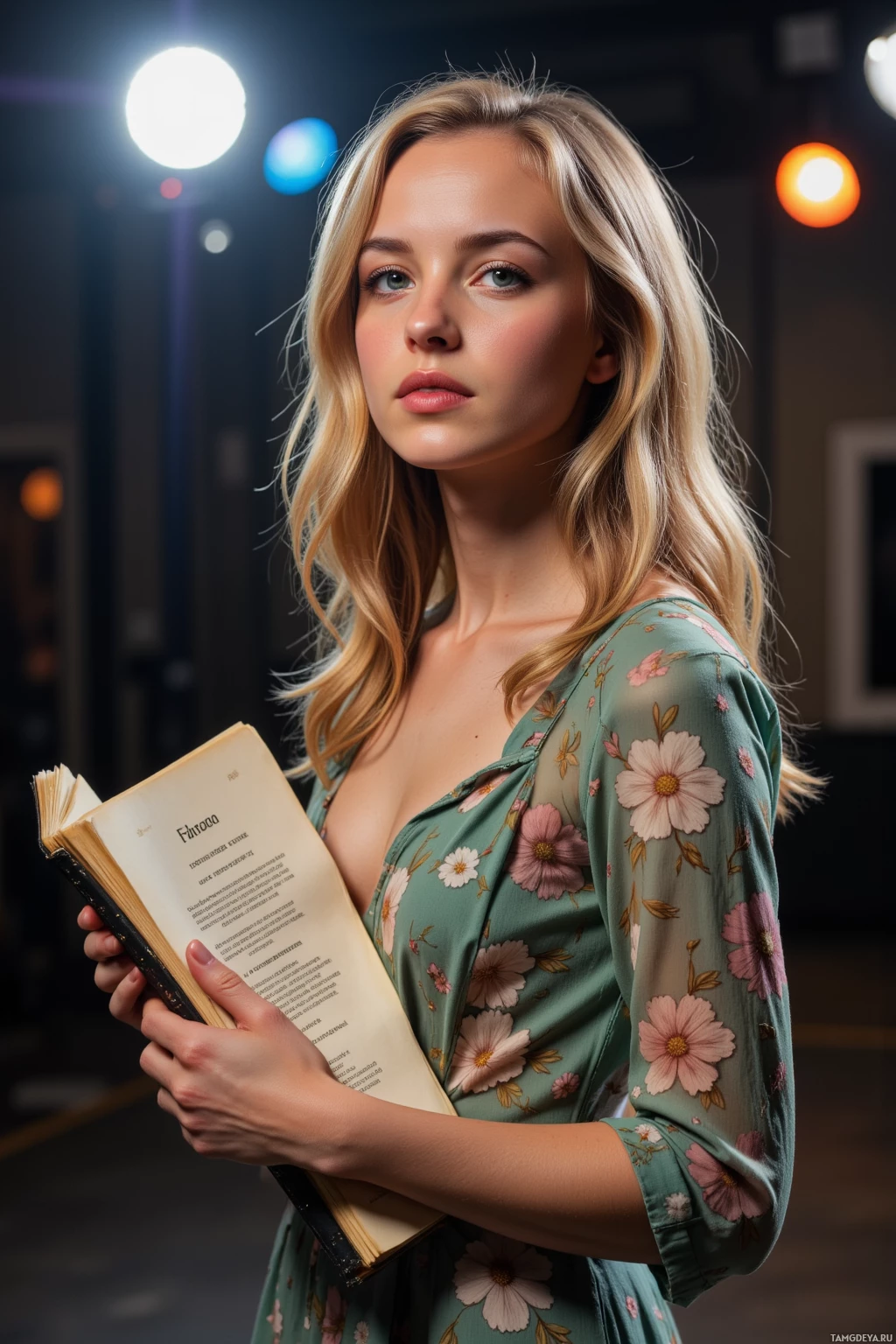 Realistic high quality photo. Female, 27, long wavy blonde hair, green eyes, wearing a vintage floral dress with soft flowing fabric, standing on a dimly lit film set under stage lights, sketchbook tucked under her arm, thoughtful expression as a stack of script pages gently flutter in the air, cinematic studio atmosphere, evening.