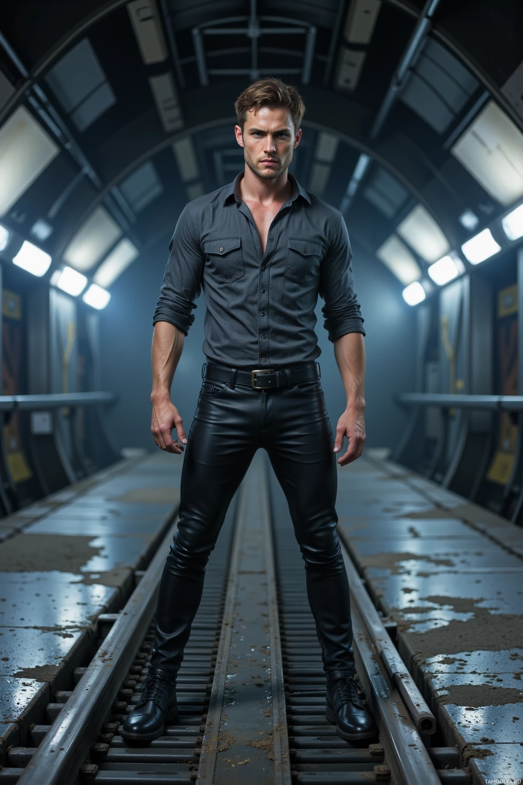 Realistic high quality photo. A man with light brown hair and green eyes in a fitted dark gray shirt and slim black leather pants weaving a silver thread on a night tunnel platform illuminated by a silver glow, rails lining the floor, his stance defiant and restless.