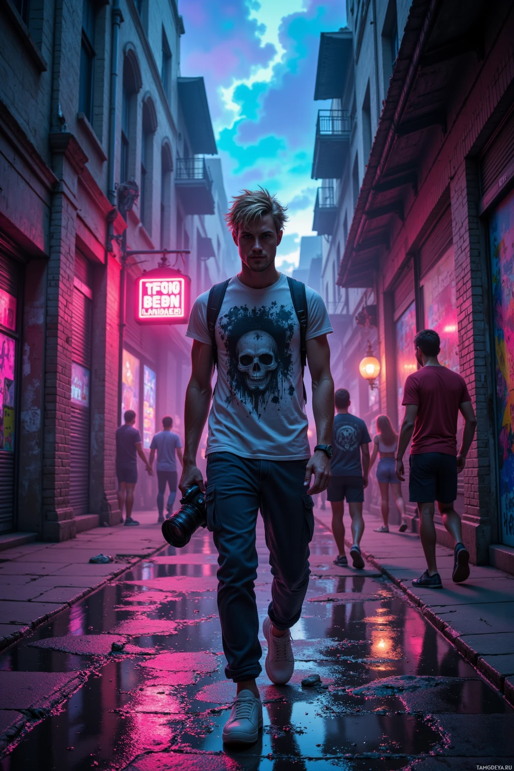 Realistic high quality photo. A 28‑year‑old man with messy blonde hair and blue eyes, pale skin, wearing a graphic t‑shirt, sweatpants, sneakers, holding a camera, walking through a dim night alley behind abandoned warehouses, puddles reflecting neon, a colorful mural glowing like sunrise, with a chanting crowd in a nearby square.