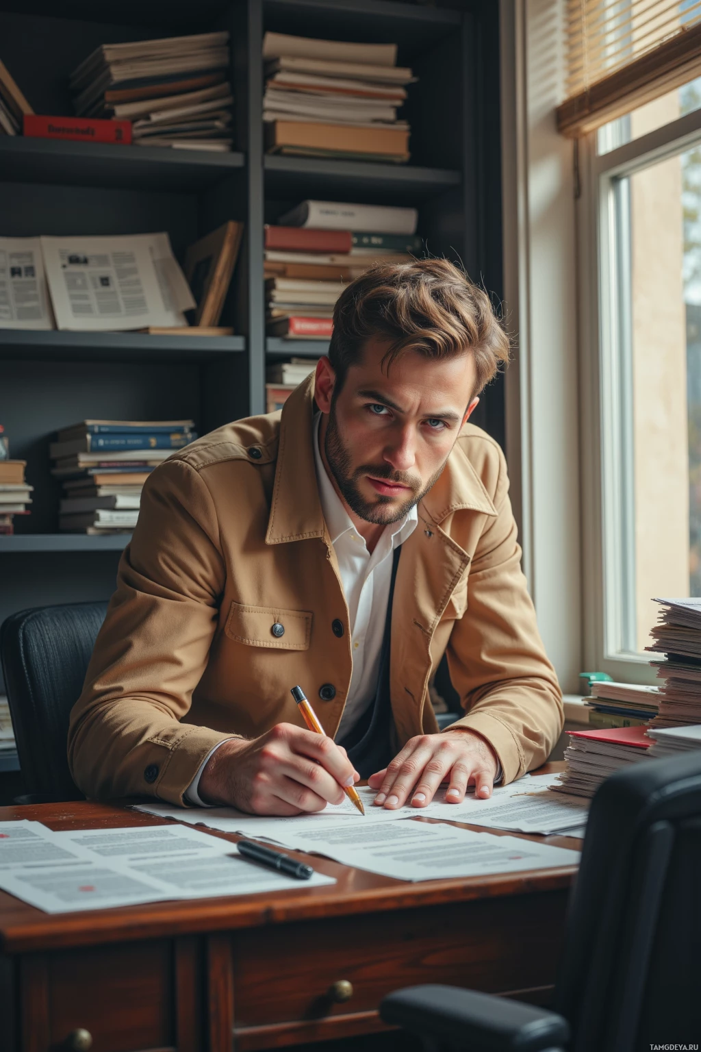 Realistic high quality photo. A determined 34‑year‑old male journalist with short sandy brown hair, light stubble, bright blue eyes, wearing a classic beige trench coat over a white shirt and dark pants, hunched over a wooden desk in a small office with blinds partially drawn, late afternoon light filtering across a cluttered pile of thick paper files as he traces the edge of a headline, the distant hum of traffic audible through the window.