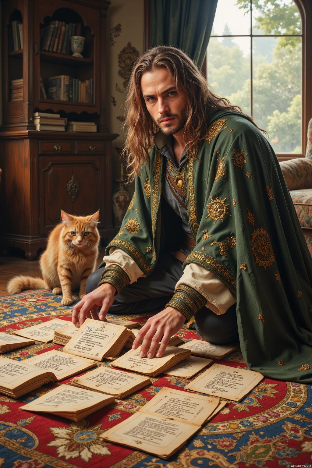 Realistic high quality photo. Man, 33, light brown braided hair, green eyes, warm beige skin, wearing a long flowing cloak embroidered with cryptic symbols, sits on a patterned rug that looks like a cryptic map in a living room at afternoon, aligning stacks of obsolete rune scripts on the floor grid while a cat watches.