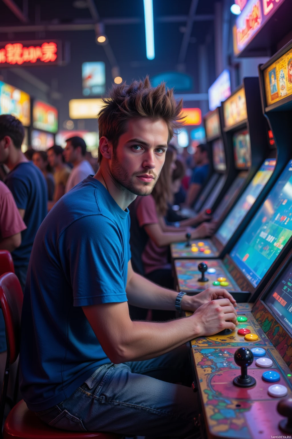 Realistic high quality photo. A 28‑year‑old man with spiky brown hair, blue eyes, pale skin, wearing a blue tee and casual pants, intensely focused on a joystick of a classic arcade machine, surrounded by a flickering scoreboard and a buzzing crowd in a dim arcade room.