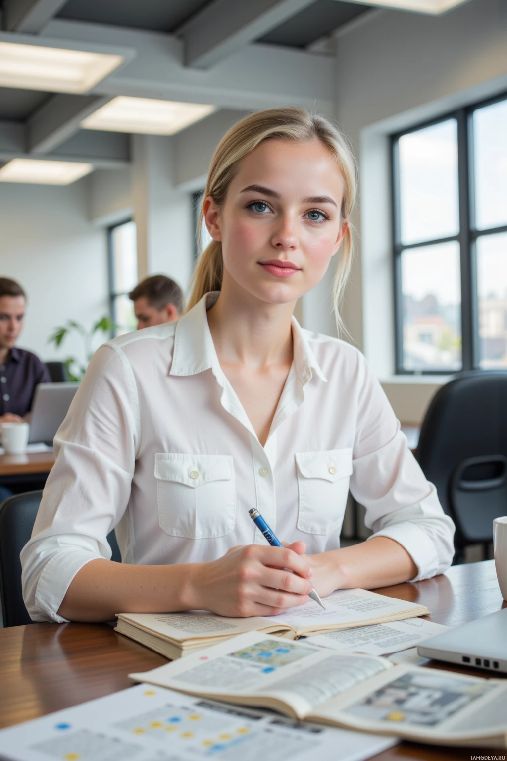 Realistic high quality photo. Young female journalist, 26, bright blonde hair in a relaxed ponytail, blue eyes, fair skin, wearing a crisp white blouse and tailored trousers, sits at a desk in a modern newsroom with fluorescent lighting, writing in a notebook decorated with inked stars, a stack of newspapers and a laptop beside her, a coffee mug on the desk, her expression warm and optimistic, surrounded by the subtle hum of office activity.