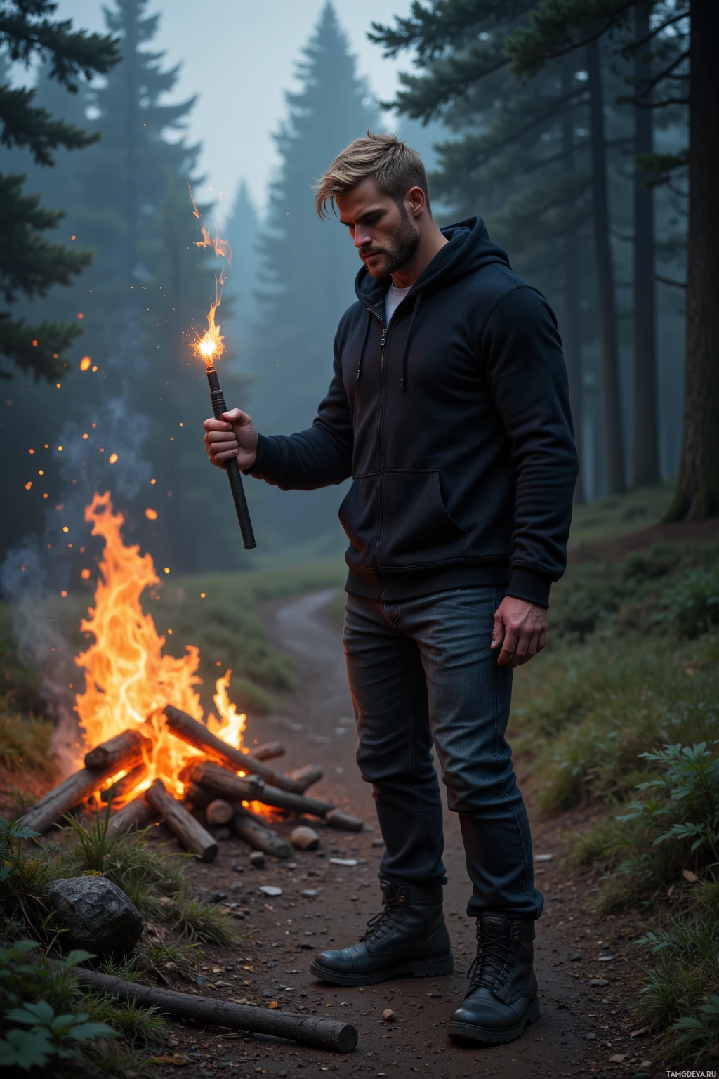 Realistic high quality photo. A muscular 30‑year‑old blonde man in a black hoodie, dark jeans, rugged boots stands on a misty dawn trail, eyes fierce and hands gripping a torch, sparks flying as he lights a campfire in a twilight forest clearing, his stance protective and determined.