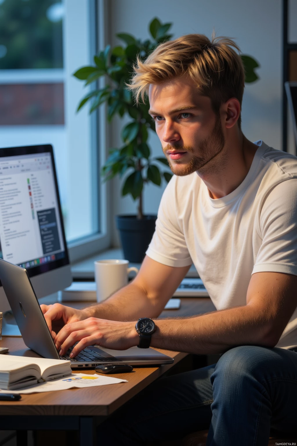 Realistic high quality photo. A 25‑year‑old man with blonde hair and blue eyes, wearing a plain white t‑shirt and dark jeans, sits at a desk in a modern home office, laptop open showing fifteen browser tabs, a stack of notebooks and a coffee mug beside him, looking intrigued and slightly distracted as evening light filters in.