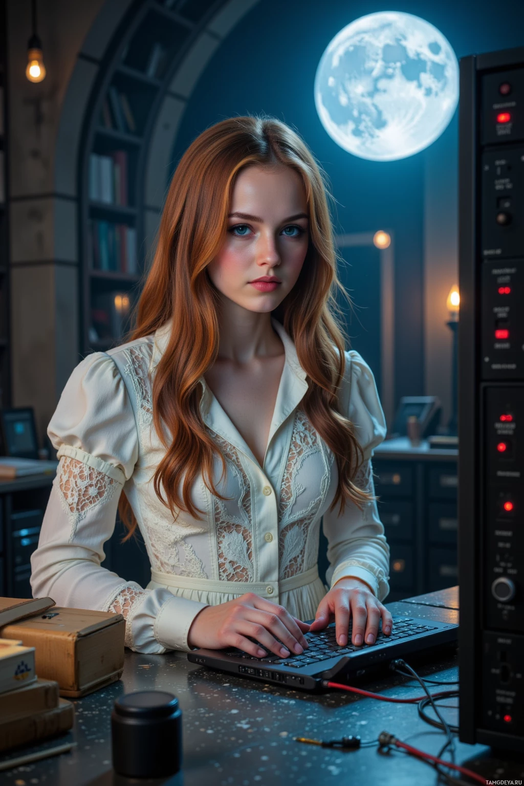 Realistic high quality photo. Elegant, slender woman with long auburn hair and bright blue eyes in a vintage lace dress, porcelain skin, stands at a softly lit server lab that echoes a medieval scriptorium, typing glowing code that mirrors a battlefield, moonlight streaming through a high window, shadows cast as if judging her meticulous, analytical craft, all at night.
