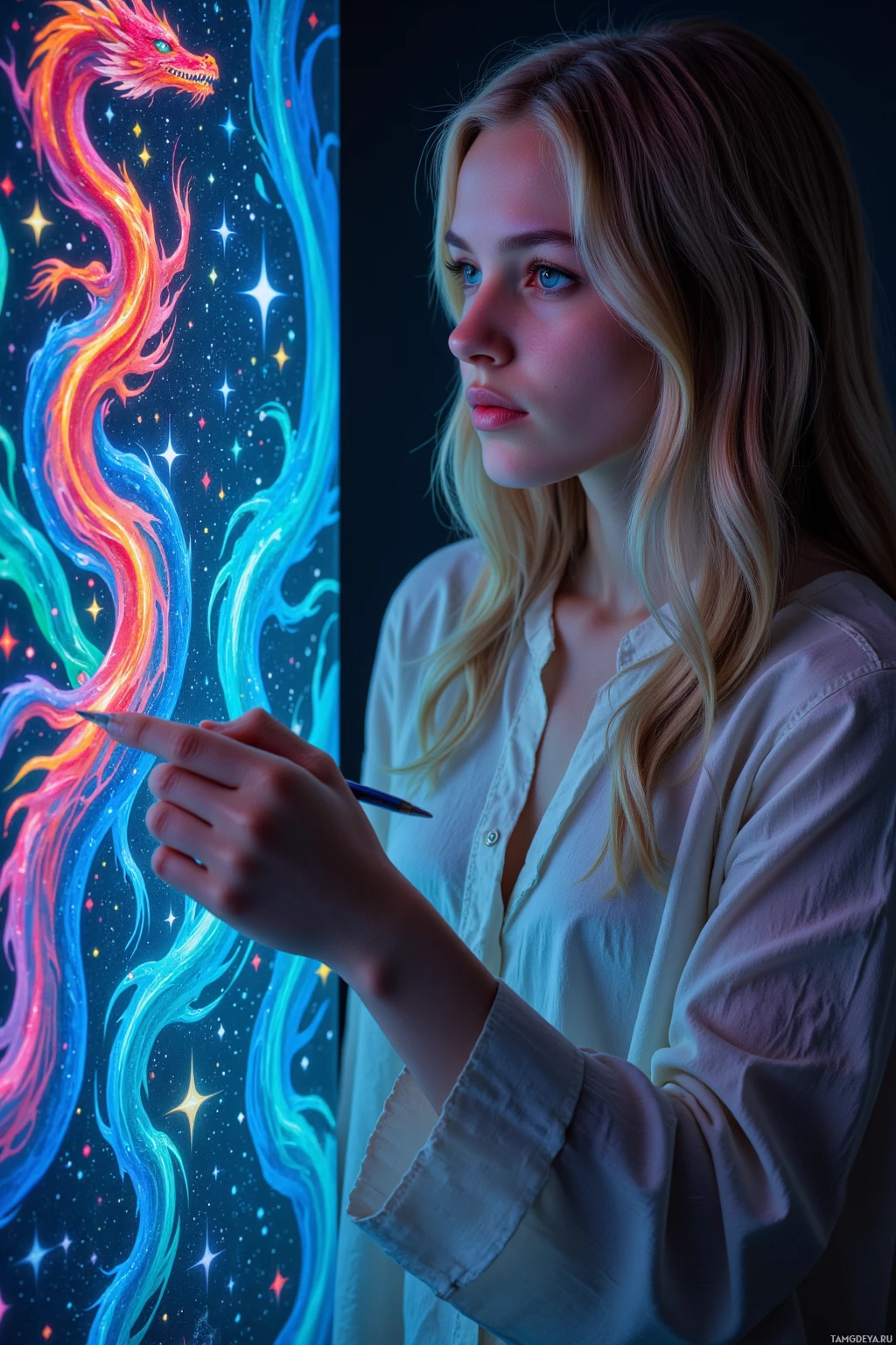 Realistic high quality photo. Quiet visionary female, 24, soft blonde curls, bright blue eyes, pale skin, wearing a flowing cloak patterned with pixel art, pulls back a translucent curtain in a dark studio at night, a synth‑driven hum surrounds her as she manipulates a digital brush, weaving stars into sprites and circuitry into dragons while colors harmoniously blend across the canvas.