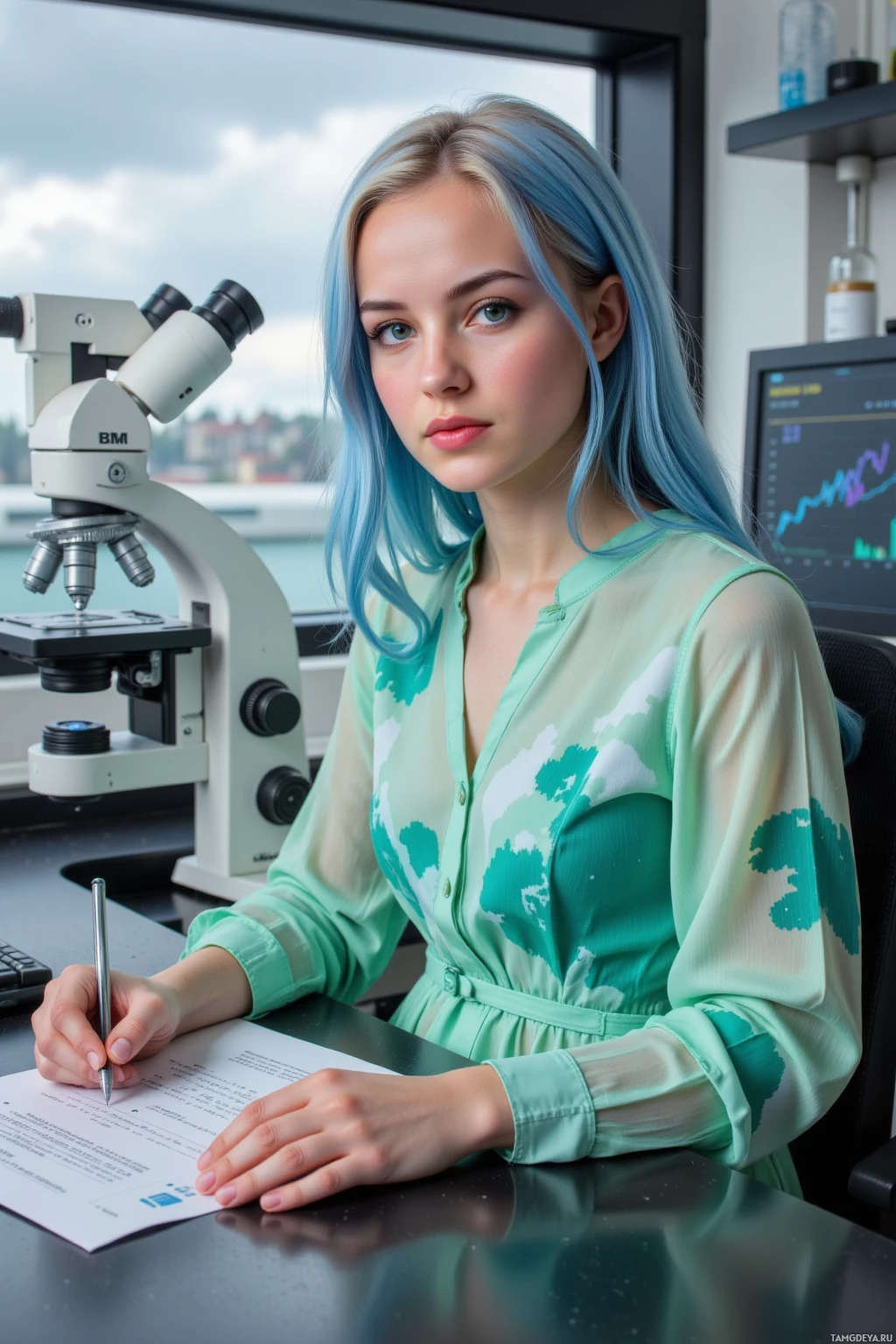 Realistic high quality photo. Female scientist, 27, long light blue hair, bright turquoise eyes, wearing a soft flowing dress patterned with ocean waves and kelp green shades, sits alone at a modern lab bench, writing footnotes on a grant form amid microscopes and data screens, with a window showing a gray stormy sky outside, her posture calm and focused.