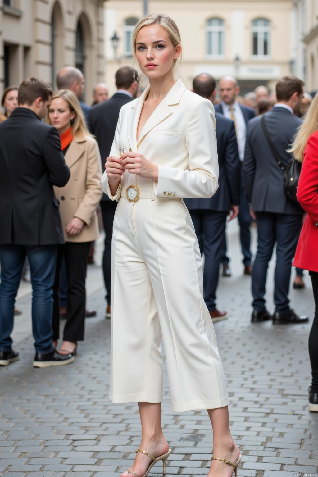 Realistic high quality photo. 25‑year‑old woman with a low blonde bun, bright green eyes, pale skin, wearing a fitted white jumpsuit with gold belt buckle and high heels featuring a single minimalist spike, standing confidently on a cobblestone street at midday, stopwatch in hand, surrounded by a bustling crowd of fashion observers.